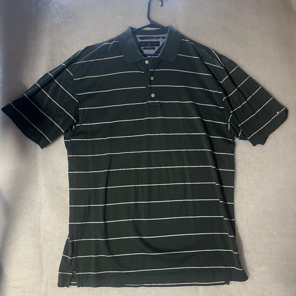 Tommy Hilfiger Mens Golf Polo Short Sleeve Dark Green White Striped Size Medium